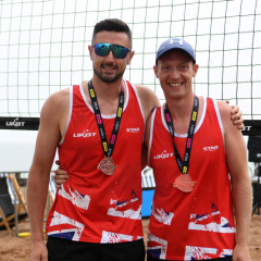 Beach Volleyball - UKBT Edinburgh Grand Slam
PORTOBELLO BEACH, EDINBURGH, SCOTLAND - 24 July 2022. Bronze Medalists - Peter Stewart & Jeff Scott. (Photo by Lynne Marshall | www.volleyballphotos.co.uk)